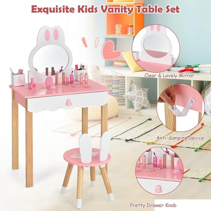 Дитячий туалетний столик LIFEZEAL 2 в 1 з дзеркалом та табуретом, рожевий, з шухлядами