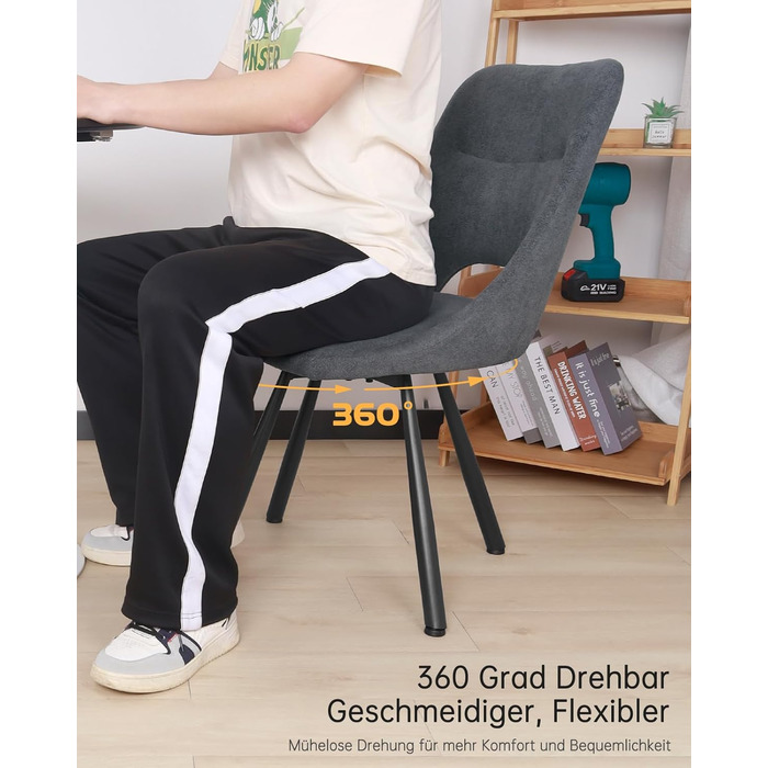 LEWE Комплект обідніх стільців 6 шт., поворотні, для кухні, вітальні, спальні, ергономічні, без підлокітників, тканина кашемір (темно-сірий, 4 поворотні)