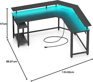 Комп'ютерний стіл Rolanstar L-подібний з RGB підсвічуванням та розетками, реверсивний кутовий стіл для геймінгу з полицею та 2 гачками, для офісу, робочого кабінету, спальні (Чорний, 117см), Чорний 137 x 117x 87см