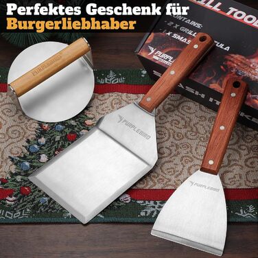 Набір гриль-посуду PURPLEBIRD 5 предметів: професійний інструмент з нержавіючої сталі, сумка-фартух, дерев'яні ручки, ідеальний для BBQ, Teppanyaki, подарунок для чоловіків (набір для бургерів)