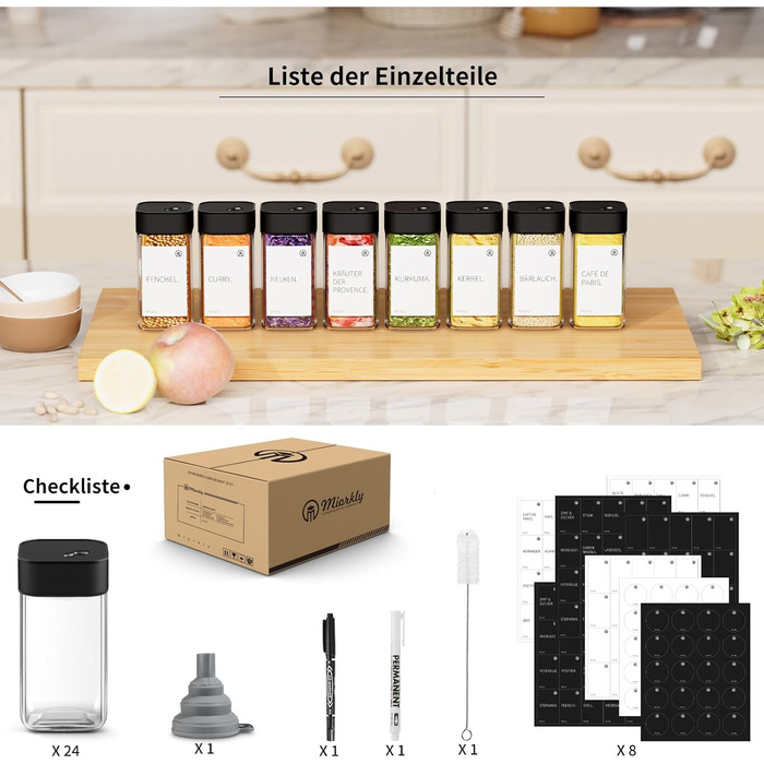 Набір контейнерів для спецій Miorkly - 24 шт. з чорними кришками з нержавіючої сталі, 120 мл, з ситечком, високоякісні, скляний органайзер з воронкою, етикетками та ручкою
