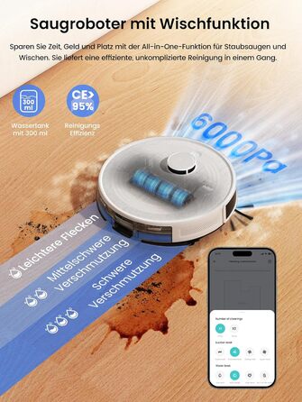 Робот-пилосос LEFANT M2 Plus з картографією, лазерною навігацією, 6000Pa, персоналізованим прибиранням, WiFi/App/Alexa, чорний