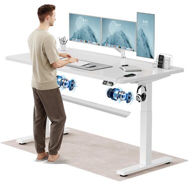 Електричний підйомний стіл Devoko 160x80 см, ергономічний комп'ютерний стіл для роботи стоячи та сидячи, подвійний мотор, пам'ять, USB-C, білий