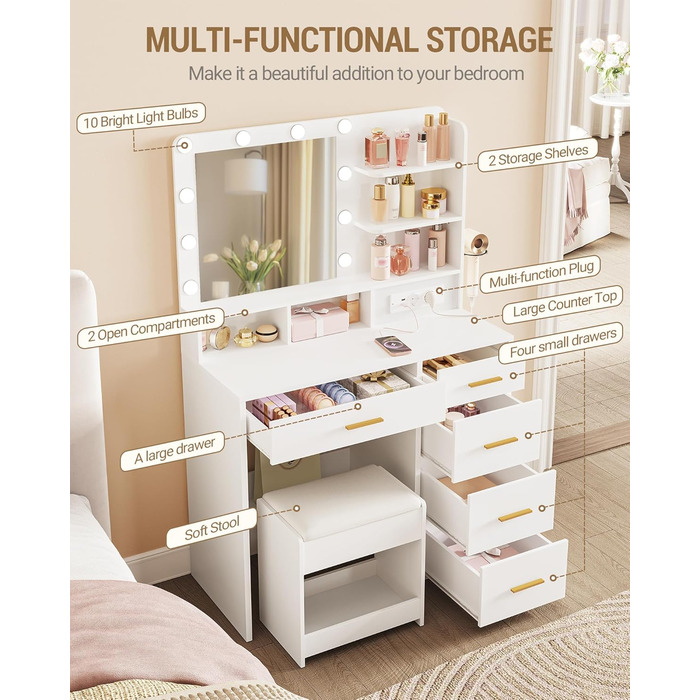 Дзеркальний туалетний столик Hzuaneri з LED-підсвіткою (10 LED), пуфом, великим дзеркалом, тримачем для фену та шухлядами, білий DT39003X