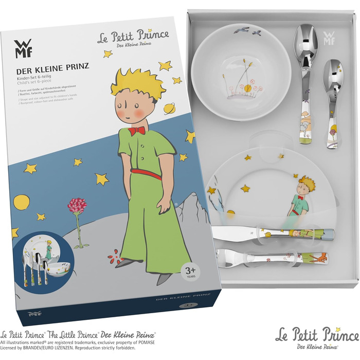 Набір дитячого посуду WMF Der kleine Prinz, 6 предметів – нержавіюча сталь, персоналізована гравірування, придатний для миття в посудомийній машині, подарунок на народження або хрещення