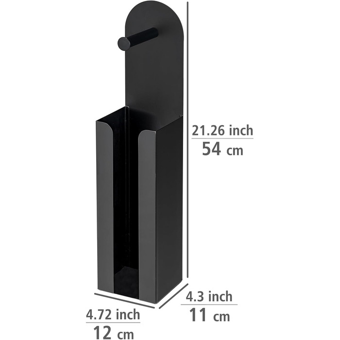 В-1 Тримач для туалетного паперу Agira, окремо стоячий або для склеювання, місце для 3-х запасних рулонів, матова лакована сталь, 12 x 54 x 11 см, чорний, 2-