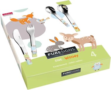 Puresigns WOODY Преміум дитячий набір столових приборів: ергономічний 4-частинний набір з нержавіючої сталі з мотивами лісових тварин для хлопчиків та дівчаток