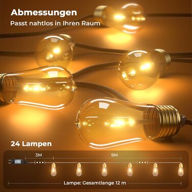 LED гірлянда для декору: 24 лампочки, 12 метрів, RGB, тепле біле світло, 8 режимів, таймер, диммування, для дому, саду, балкону, вечірки, святкування