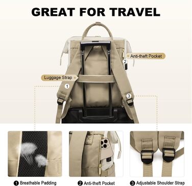 Рюкзак для ноутбука LOVEVOOK для жінок, великий шкільний рюкзак для підлітків, рюкзак ручної поклажі, водонепроникний дизайн, дихаючі плечові ремені, для університету, школи та подорожей, бежево-сірий (17 дюймів, B- Beige Khaki)