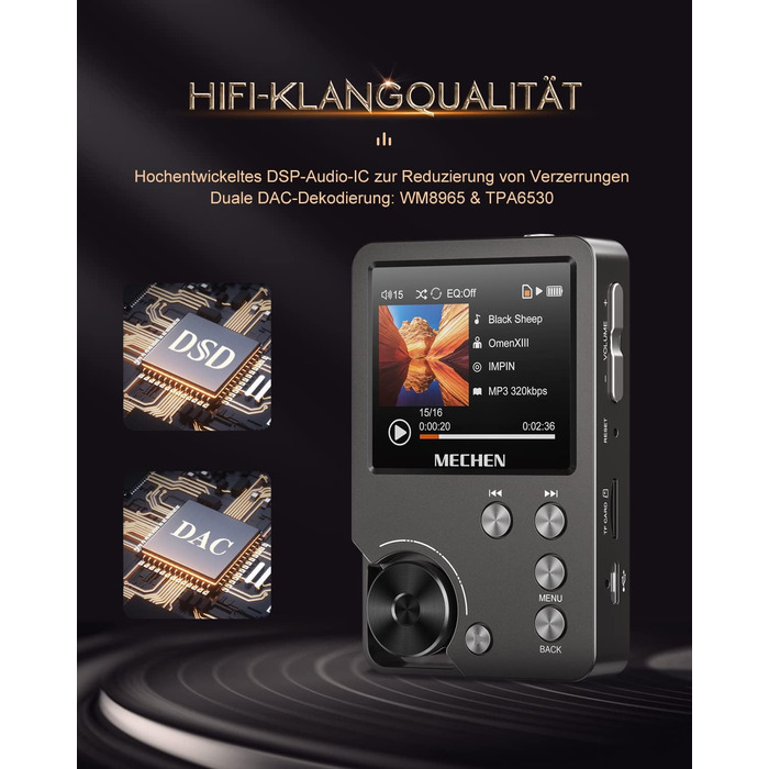 MECHEN M30 Hi-Res MP3 плеєр, HiFi DSD FLAC DAC, цифровий аудіоплеєр із підтримкою CUE, без втрати якості, портативний DAP з 64GB пам’яті, розширення до 256GB, сірий