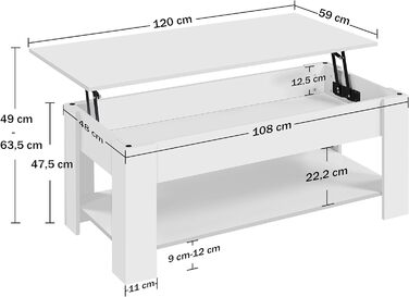 Журнальний столик Yaheetech з регульованою висотою та прихованим місцем для зберігання, дерев'яний, для вітальні та офісу (120 x 59 x (49,5-63,5) см, білий)