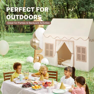 Дитяче намет-ігровий будиночок Wilwolfer з килимком для малюків: Принцесин будиночок з бахромою для дівчаток та хлопчиків - Великий намет для гри в приміщенні та на вулиці, кремовий колір