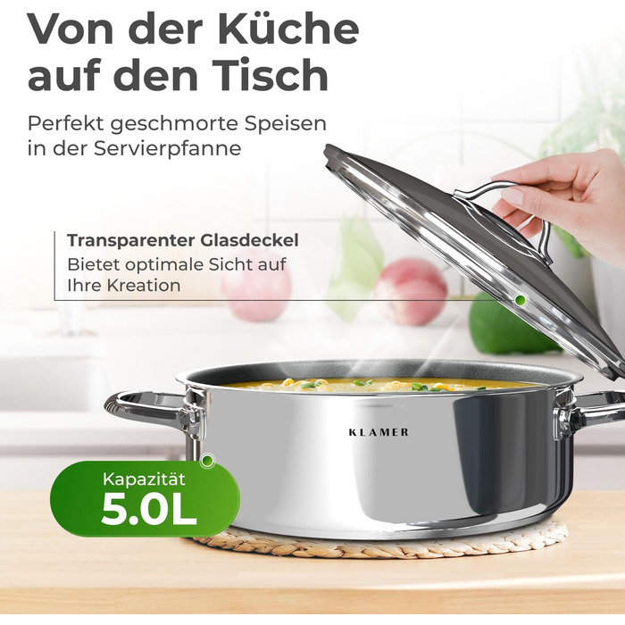 KLAMER Сковорода-гриль індукційна 28 см, сковорода для тушкування та стейків з нержавіючої сталі