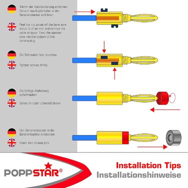 Бананова вилка Poppstar 20 шт. High End, 24k позолочена, 10 шт. чорна/10 шт. червона, 4-5 мм, 20 шт.