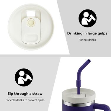 Термокружка-пляшка 1200 мл з трубочкою та антиковзним ручним захопленням, без BPA, з подвійними стінками для ізоляції, для автомобіля, офісу, відпочинку на природі (Пастельно-рожевий, Біло-рожевий, Глибокий фіолетовий)
