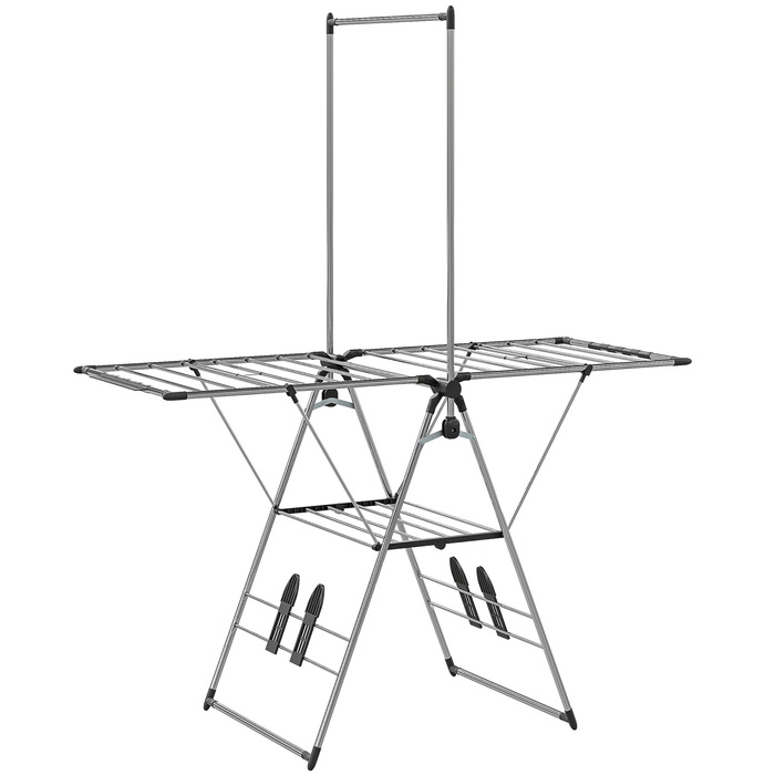 Сушилка для білизни складна, підлогова з регульованими крилами, тримачами для взуття, нержавіюча сталь, 156,5 x 68 x 192 см, срібляста