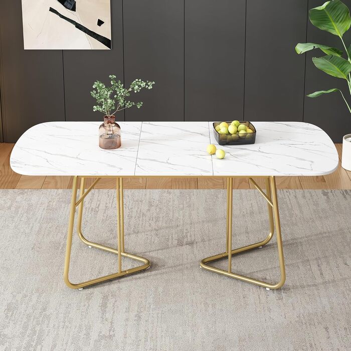 Розсувний обідній стіл Merax, овальний з імітацією мармуру, 140/180 x 80 см, на 4-6 осіб, мармур+золото