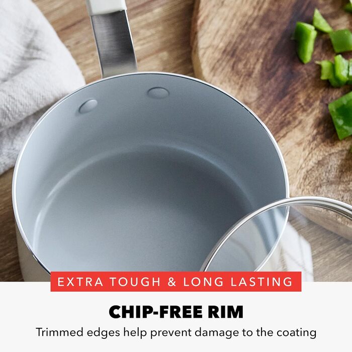 Набір сковорідок GreenPan x Bobby Flay: 20.3 см та 25.4 см, з антипригарним покриттям, без PFAS, з алмазної кераміки, для індукційних плит, з силіконовою ручкою, легко миються, сумісні з посудомийною машиною. Також входить каструля 1.67 л з кришкою, кремо