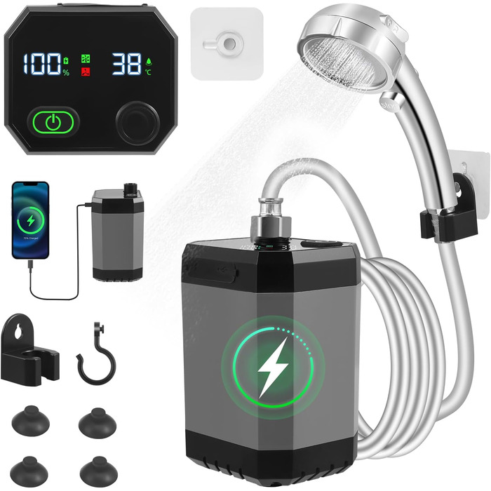 Портативна електродушова система для кемпінгу з акумулятором 6000mAh, фільтрацією, покажчиком температури та шлангом 2м