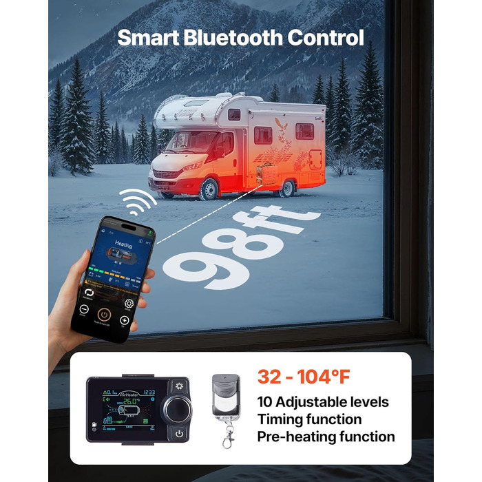 Дизельний опалювач VEVOR 8 кВт, 12/24 В, портативний з Bluetooth, пультом ДУ та LCD-дисплеєм, 5 л бак, для вантажівок та автодому
