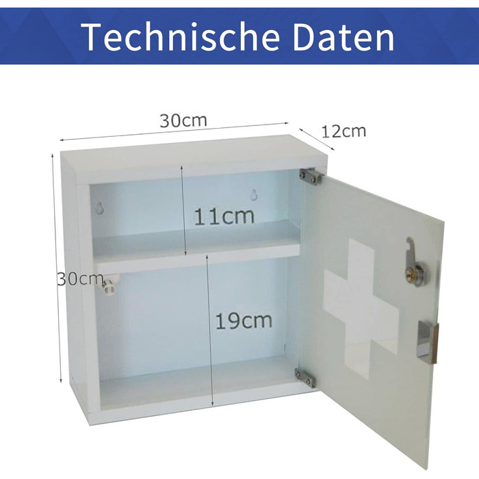 Шкафчик для ліків Style Home з замком, 60x30x12 см, 4 відділення, металевий, з дверцятами зі скла, включаючи 2 ключі (білий)