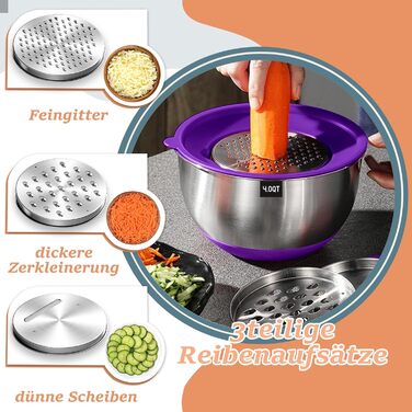 Набір мисок для приготування їжі з нержавіючої сталі (6 шт.) з кришками та силіконовим дном, набір терок, 6.6/3.8/2.4/1.9/1.4/0.6 л - кольорові