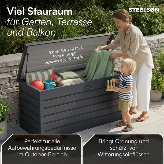 Скриня для саду STEELSØN Dorado 600л, металева оцинкована, водонепроникна, антрацит, з замком та відкидною кришкою - для саду, балкону, тераси 120x62x63 см