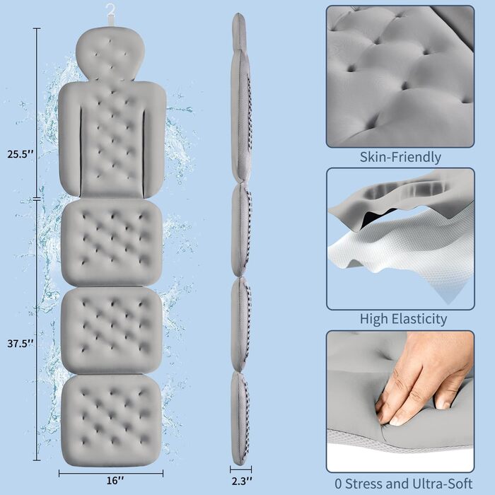 Подушка для ванни, повного тіла з 160 присосками, килимок для ванни для підтримки голови та шиї, з мішком для білизни (Темно-сірий, 130 x 41 см)