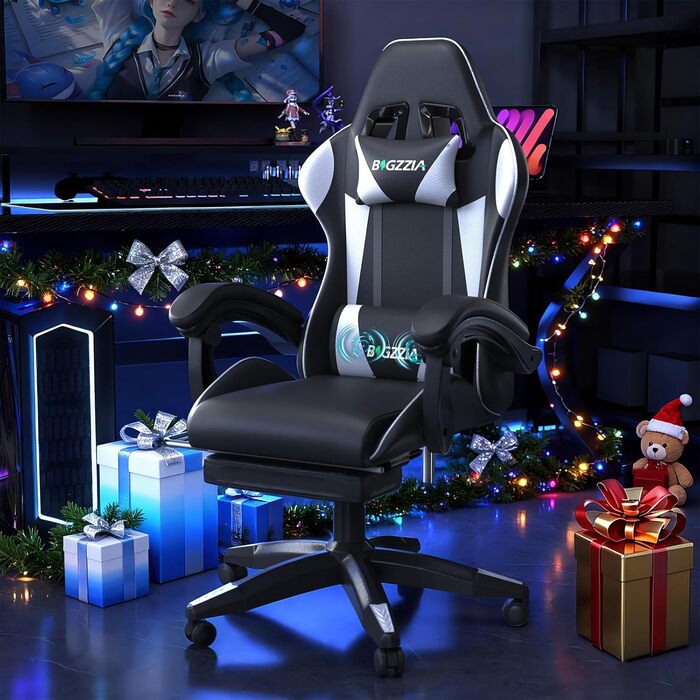 Ігровий крісло Bigzzia з масажем та підніжкою, ергономічний дизайн, регульована спинка 90-135°, з подушками для голови та попереку, білий