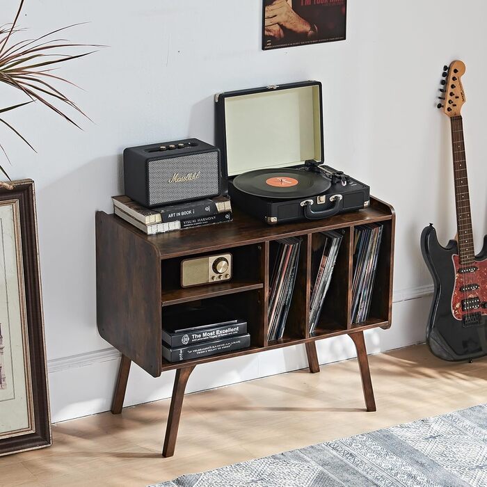 Сумка-органайзер для вінілових платівок LELELINKY: стійка з 4 полицями, вміщує до 220 платівок, з міцними дерев'яними ніжками, Mid-Century дизайн, білий колір, для проигрывателя (Braun)