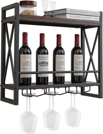 Стильна полиця для вина Komfotteu на стіну, дерев'яна з металевим каркасом, з тримачем для келихів, 60 x 20 x 55 см