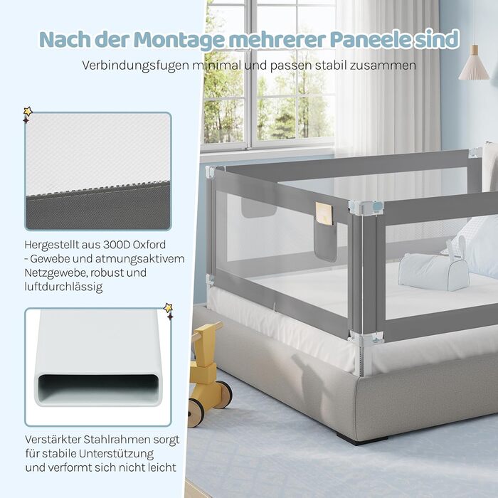 Бортик для ліжка WOLTU 150 см, захисний бар'єр для дітей та немовлят, регульована висота 69-87 см, тканина Оксфорд, металевий каркас, темно-сірий