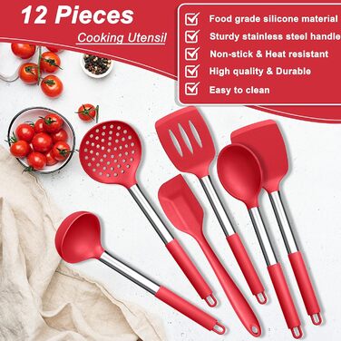 Набір кухонних аксесуарів Herogo, 12 шт. Силіконові кухонні інструменти з нержавіючою сталею, термостійкі, лопатки, ложки, шпателі з підставкою, легко миються (Червоний)