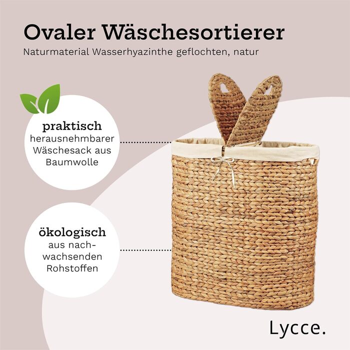 Кошик для білизни Lycce 2-х відділковий сортувальник, водяний гіацинт, 46 л, овальний, з кришкою та металевим каркасом