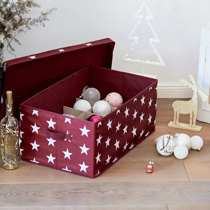 ЗБЕРІГАЙТЕ ЦЕ Коробка для зберігання новорічних дрібничок - Коробка для ялинкових іграшок з тканини - Посилена картоном - 30 відділень - з зірочками - 58х36х25 см (Червона з зірочками)