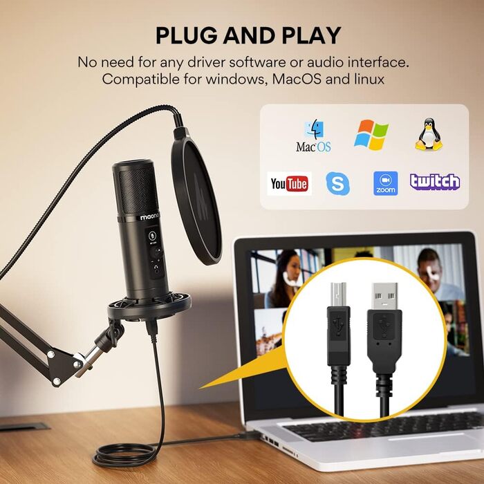 MAONO USB мікрофон для ПК, AU-PM422, конденсаторний кардіоїдний мікрофон з кронштейном, кнопкою вимкнення звуку, виходом для навушників, 192 кГц/24 біт, для запису, стрімінгу, подкастів, геймінгу, YouTube, сумісний з PS4/5, ПК, Mac