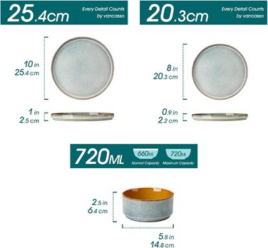 Набір посуду Vancasso Steingut, 24 елементи, на 8 осіб, блакитний, преміум-якість, серія ONION. Тарілки, салатники, миски. Галактичний дизайн.