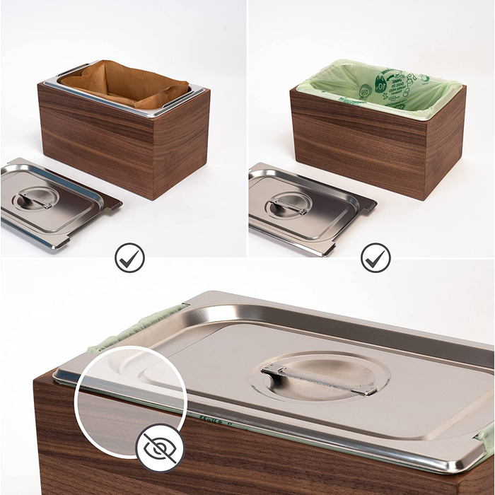 КАЗАЙ. Дизайн органічного сміттєвого бака-Holma - / 6L, придатний для миття в посудомийній машині і виготовлений з натурального дерев'яного шпону / кухонне відро для компосту для органічних відходів / волоський горіх