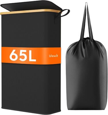 Кошик для білизни Lifewit з кришкою, вузький, складаний, 65л, бамбук, з ручкою, чорний