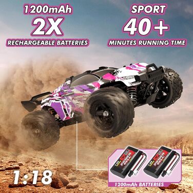 RC Автомобіль Monstertruck 1:18 4WD, Позашляховик 40 км/год, Металеве передавання, 2x1300mAh, Рожевий - для дорослих та дітей від 10 років
