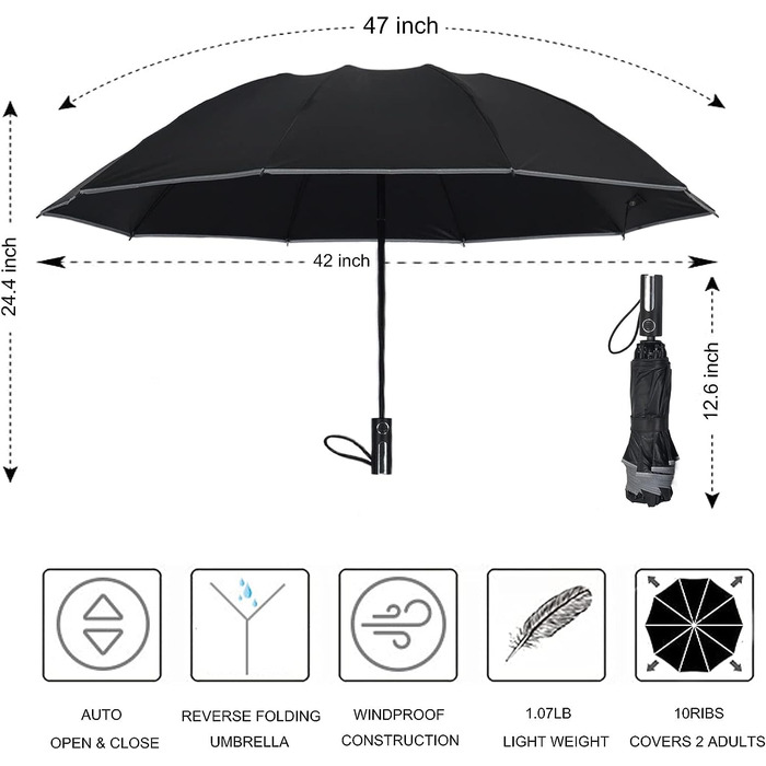 Задні парасольки FATONESA для дощу Вітрозахисно-інвертовані компактні складні автоматичні світловідбиваючі смуги безпеки, UPF 50 99 захист від ультрафіолету портативний 47-дюймовий парасольку 10 їзд, чорний