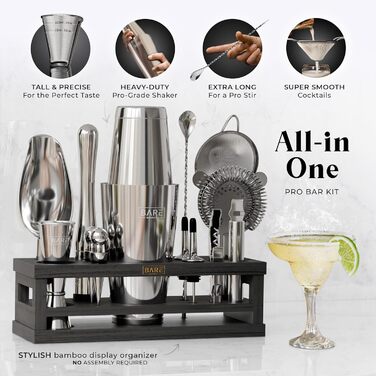 Набір бармена BARE BARREL® Mixology: 16 предметів для приготування коктейлів | Шейкер для Мартіні | Набір барного посуду для дому | 35 рецептів | Подарунковий набір (793.8 г Boston Shaker, срібний/чорний, 28oz)