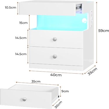 Нічний столик AOGLLATI з секретною поличкою, розеткою та LED-підсвіткою. 2 шухляди, висувний ящик, полиця. Білий, 40x35x59 см