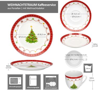 MamboCat Кавовий сервіс на 6 осіб (18 предметів) з різдвяним декором | 6 чашок 190 мл, 6 підставок, 6 тарілок | Фарфор, для святкування Різдва та Миколая