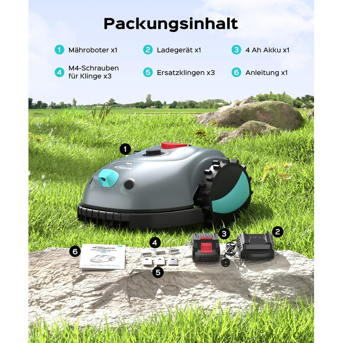 Робот-газонокосилка V100 без обмежувального кабелю з камерою, уникнення перешкод, навігація Vision, акумулятор 4 Ah, 150㎡, запасні леза, спіральне косіння, сірий колір