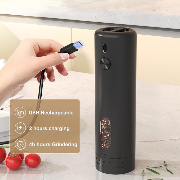 Електричний набір для солі та перцю з зарядною станцією, об'єм 110 мл, перезаряджувана соляна млинка з 5 рівнями, керамічна млинка з щіткою (1 шт, чорний)
