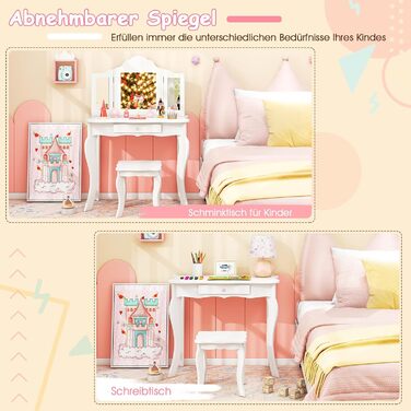 Детский туалетный столик COSTWAY 2-в-1 с LED-подсветкой, зеркалом и ящиками, для девочек (белый)