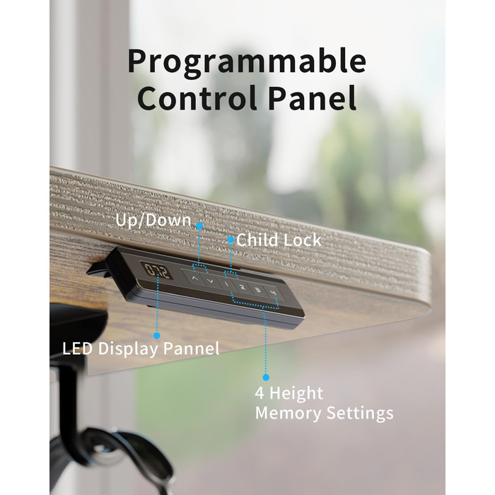 Електричний стіл CUBICUBI з регулюванням висоти, 140 x 60 см. Стельовий стіл з T-подібними ніжками зі сталі, пам'ять керування, антиколізійна система, чорний каркас/коричнева стільниця