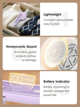 Електричний видальник ворсу COPPA з 6 лезами, 3 швидкості, перезаряджається, портативний, з індикатором заряду, для одягу (білий/фіолетовий)