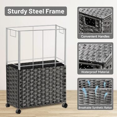 Кошик для білизни 70L з кришкою та колесами, коричневий. 2 мішки для білизни та 3 сітчасті мішки. Складний, ручної роботи, з ротангу.